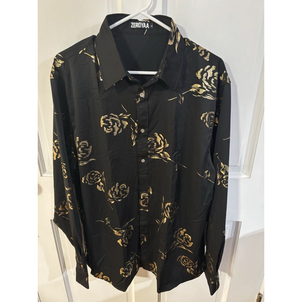 Zeroyaa‎ Men's Night Club Shirt Black With Shiny Gold Roses XL New Without Tags